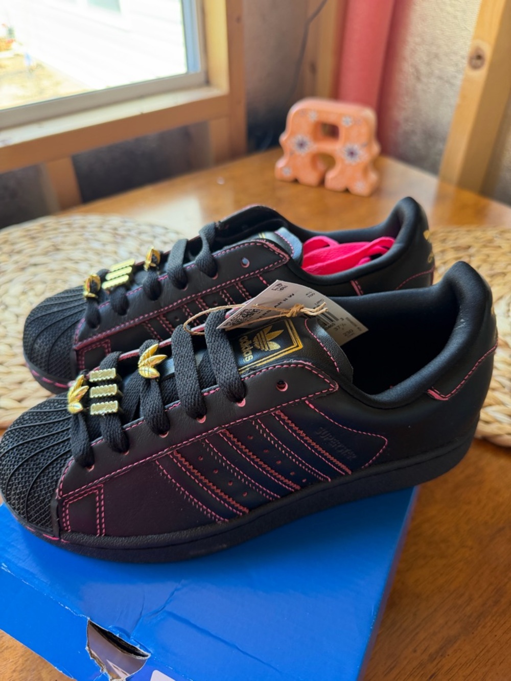 Adidas Womens Superstars II Black Sneakers with Pink Stitching